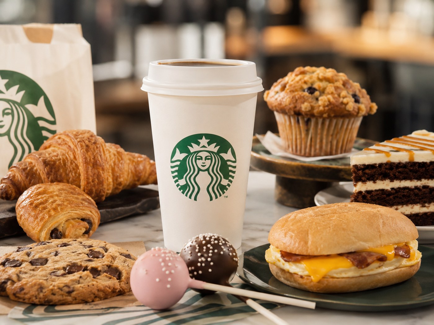 Starbucks food and bakery items with logo cup, croissants, cookies, cake pops and breakfast sandwich
