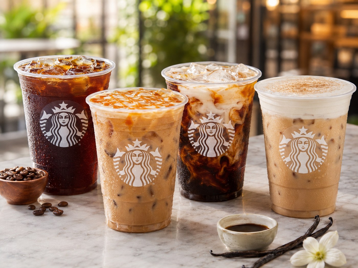 Affordable Starbucks iced coffee drinks with logo cups on a cafe counter