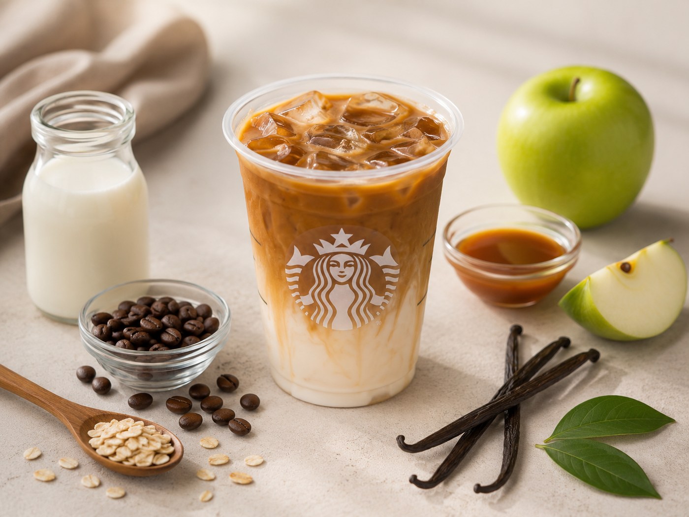 Starbucks iced coffee with logo cup beside coffee beans, milk, apple and vanilla ingredients