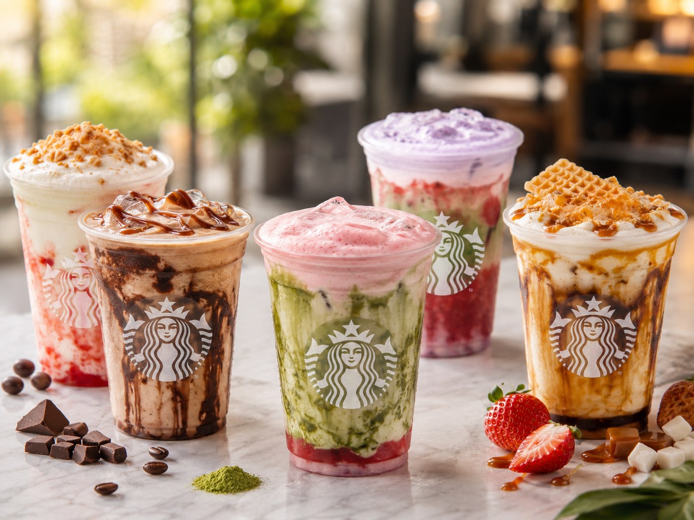 Custom Starbucks drinks with logo cups, cold foam, matcha, chocolate and caramel flavors