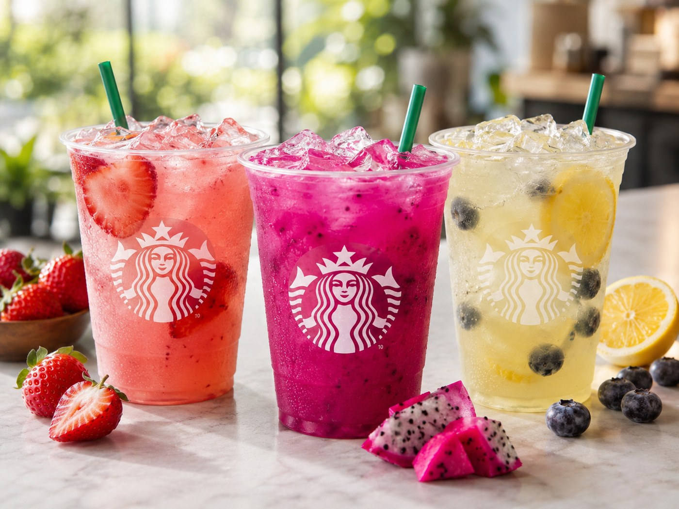 Starbucks matcha, tea and iced drinks with logo cups on a marble counter